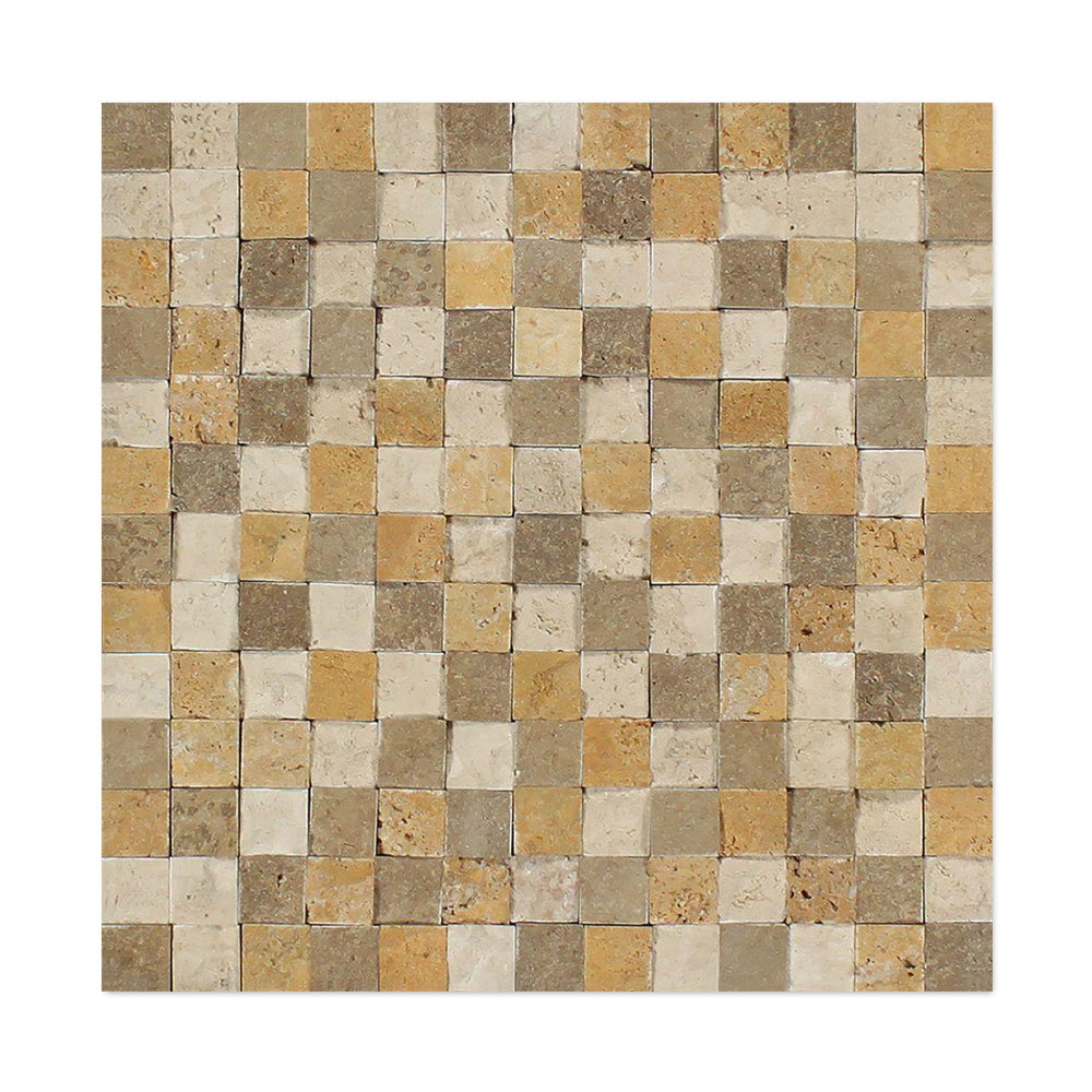 Full Sheet Sample - 3 Color Mixed Travertine Mosaic - 1" x 1" Tumbled