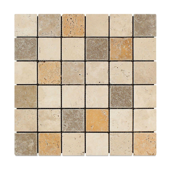 Full Sheet Sample - 3 Color Mixed Travertine Mosaic - 2" x 2" Tumbled