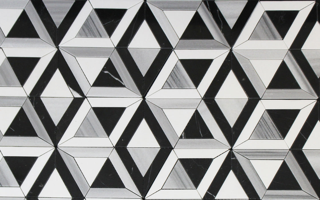 Full Sheet Sample - Asher Grey / Nero Marquina / Thassos 3D Hexagon Marble Mosaic - 12" x 12" x 3/8" Polished