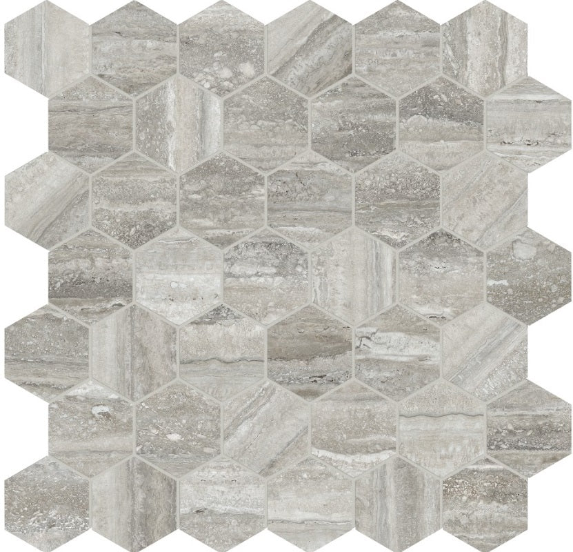 Full Sheet Sample - La Marca Travertino Instrata Hexagon Porcelain Mosaic - 2" Polished