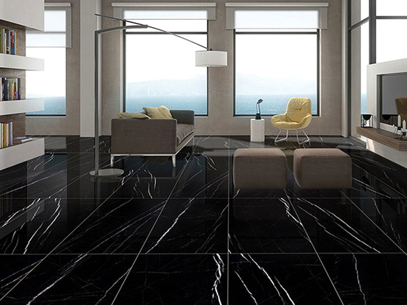 Arya Nero Marquina Porcelain Tile - Polished