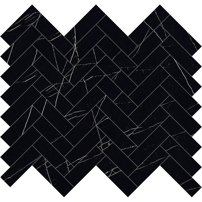 Arya Nero Marquina Porcelain Mosaic - 0.9" x 3" Herringbone