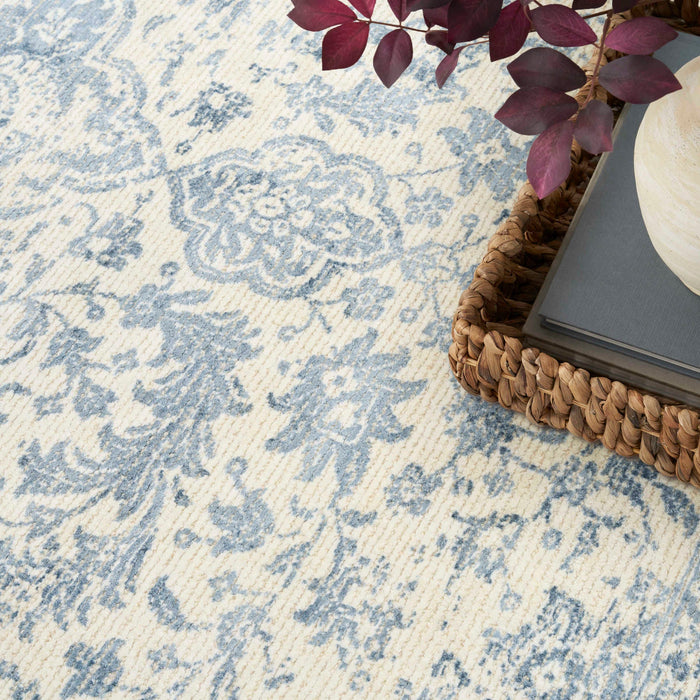 Azalea Ivory Blue AZA01 Wool Blend Farmhouse Area Rug - 2 Ft x 10 Ft
