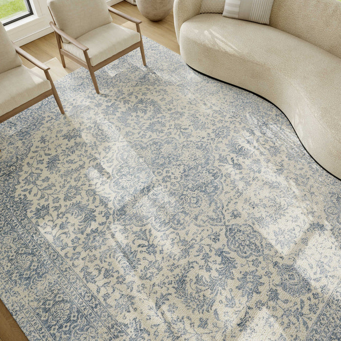 Azalea Ivory Blue AZA01 Wool Blend Farmhouse Area Rug - 8 Ft x 12 Ft