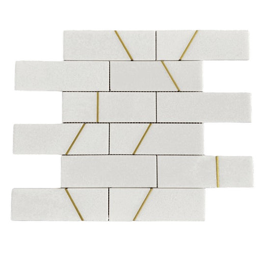 Abstract Thassos White Polished Marble Mosaic - 2" x 6" Brick