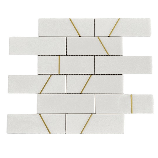 Full Sheet Sample - Abstract Thassos White Brick with Brass Marble Mosaic - 2" x 6" x 3/8" Polished