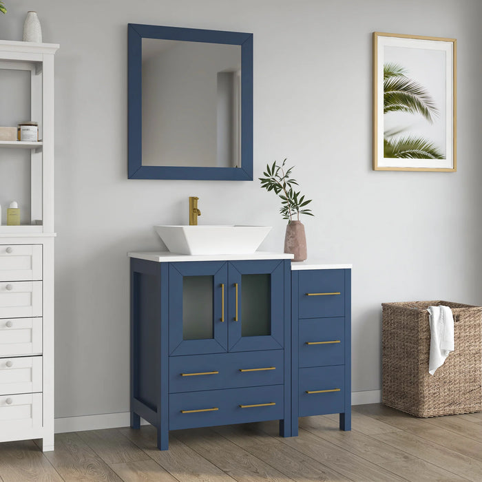 CVC Blue Solid Wood with Basin Engineered Marble Top and Mirror CVC24 Bathroom Cabinet - 36" x 18.5" x 36"