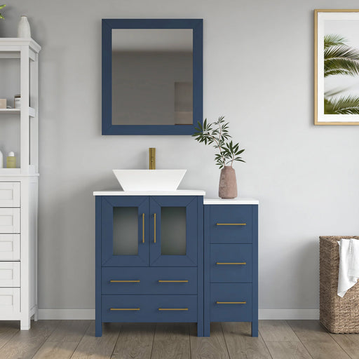 CVC Blue Solid Wood with Basin Engineered Marble Top and Mirror CVC24 Bathroom Cabinet - 36" x 18.5" x 36"