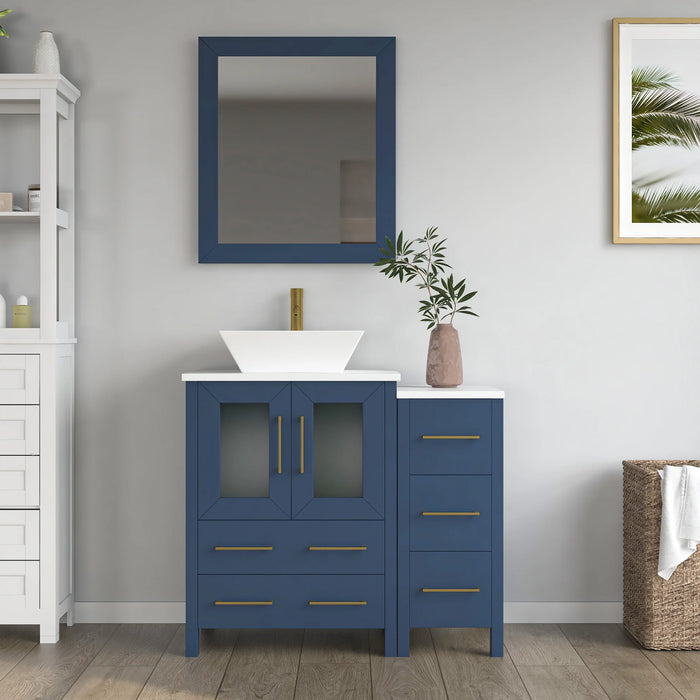 CVC Blue Solid Wood with Basin Engineered Marble Top and Mirror CVC24 Bathroom Cabinet - 36" x 18.5" x 36"