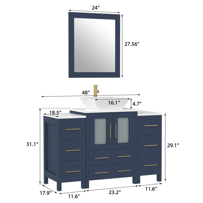 CVC Blue Solid Wood with Basin Engineered Marble Top and Mirror CVC24 Bathroom Cabinet - 48" x 18.5" x 36"