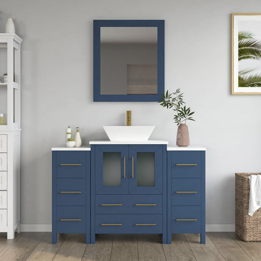 CVC Blue Solid Wood with Basin Engineered Marble Top and Mirror CVC24 Bathroom Cabinet - 48" x 18.5" x 36"