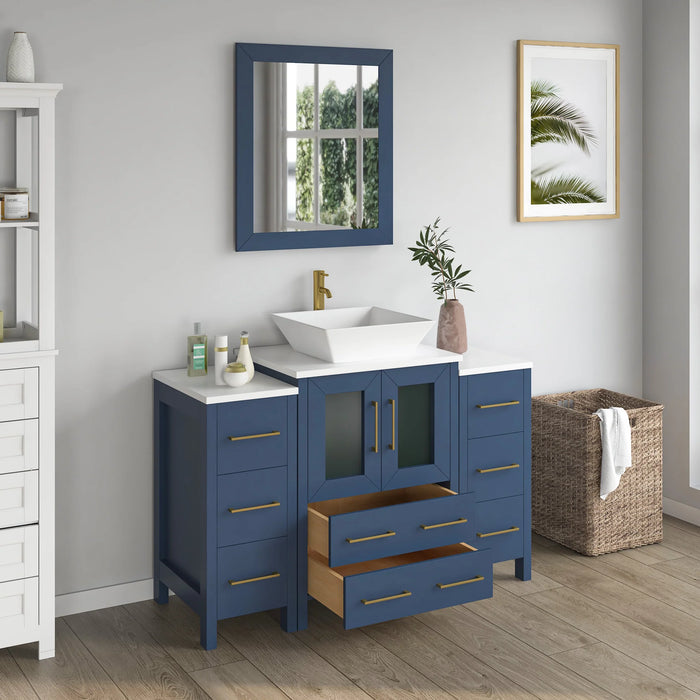 CVC Blue Solid Wood with Basin Engineered Marble Top and Mirror CVC24 Bathroom Cabinet - 48" x 18.5" x 36"