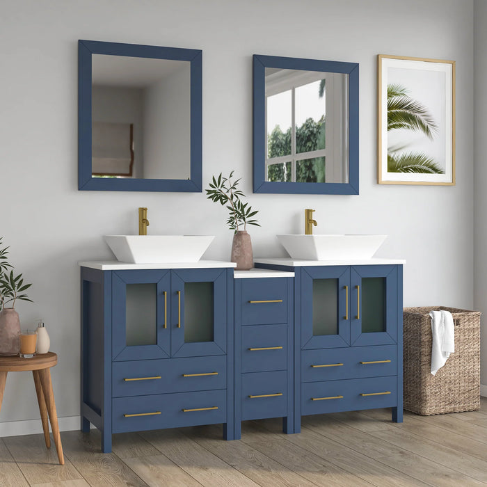 CVC Blue Solid Wood with Basin Engineered Marble Top and Mirror CVC24 Bathroom Cabinet - 60" x 18.5" x 36"