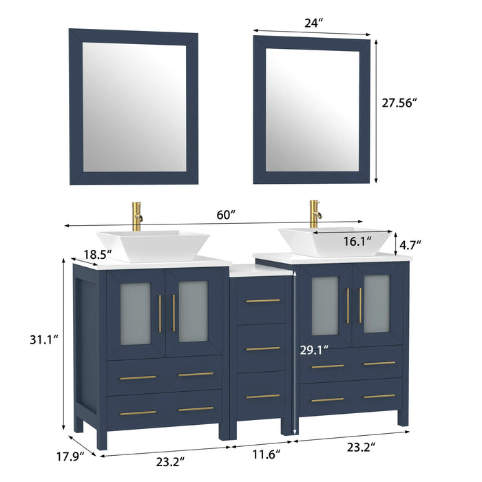 CVC Blue Solid Wood with Basin Engineered Marble Top and Mirror CVC24 Bathroom Cabinet - 60" x 18.5" x 36"