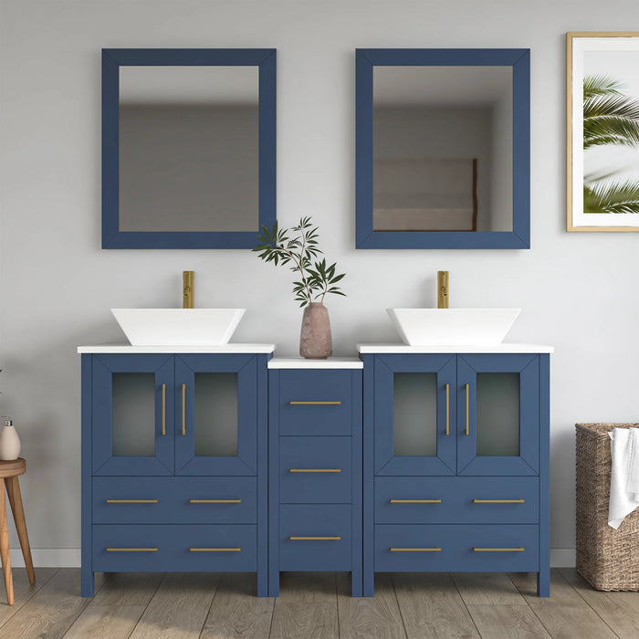 CVC Blue Solid Wood with Basin Engineered Marble Top and Mirror CVC24 Bathroom Cabinet - 60" x 18.5" x 36"