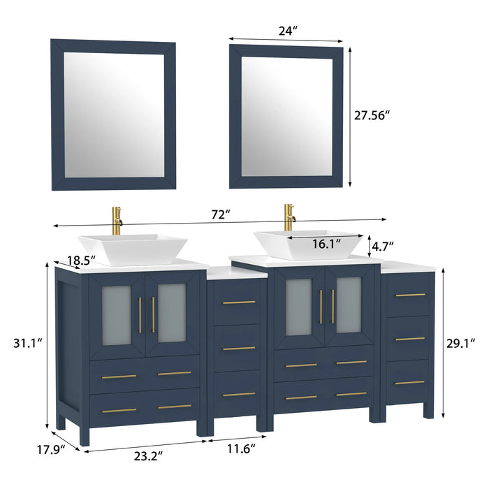 CVC Blue Solid Wood with Basin Engineered Marble Top and Mirror CVC24 Bathroom Cabinet - 72" x 18.5" x 36"