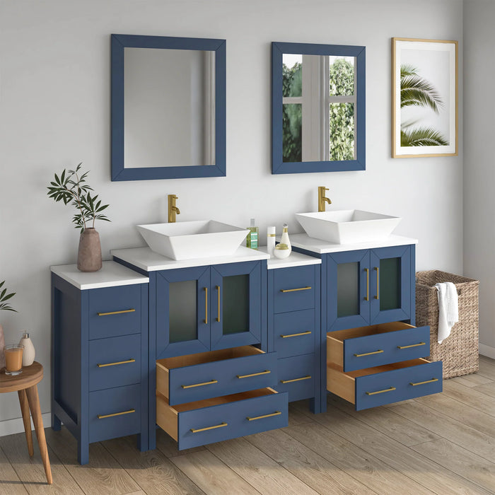 CVC Blue Solid Wood with Basin Engineered Marble Top and Mirror CVC24 Bathroom Cabinet - 72" x 18.5" x 36"