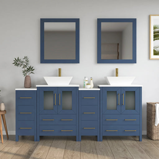 CVC Blue Solid Wood with Basin Engineered Marble Top and Mirror CVC24 Bathroom Cabinet - 72" x 18.5" x 36"