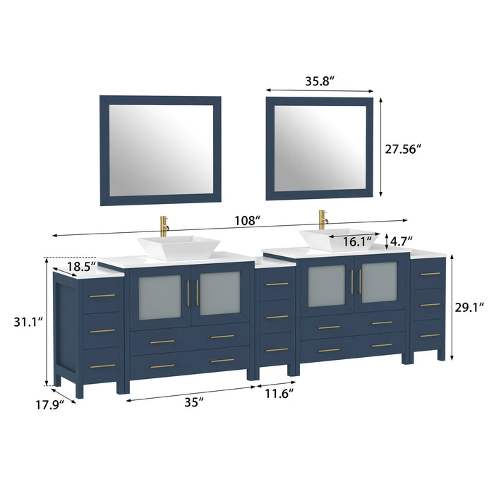 CVC Blue Solid Wood with White Engineered Marble Top and Mirror CVC36 Bathroom Cabinet - 108" x 18.5" x 36"