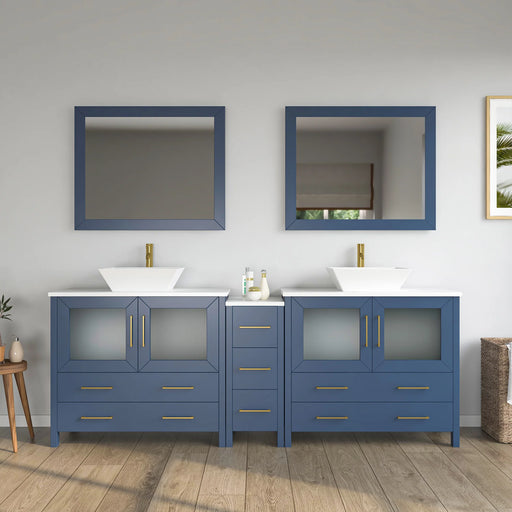 CVC Blue Solid Wood with White Engineered Marble Top and Mirror CVC36 Bathroom Cabinet - 84" x 18.5" x 36"