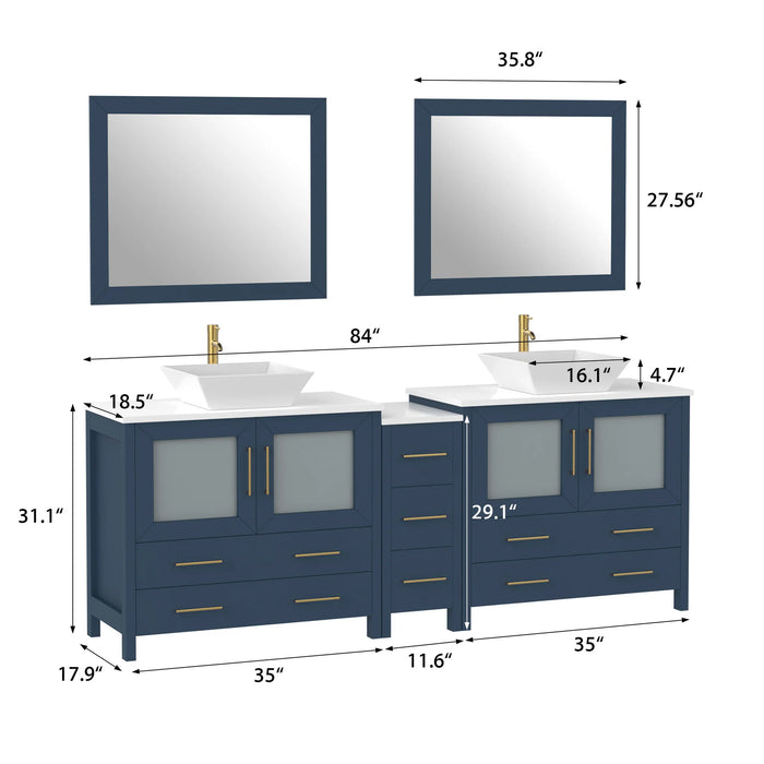 CVC Vintage Green Solid Wood with White Engineered Marble Top and Mirror CVC36 Bathroom Cabinet - 84" x 18.5" x 36"