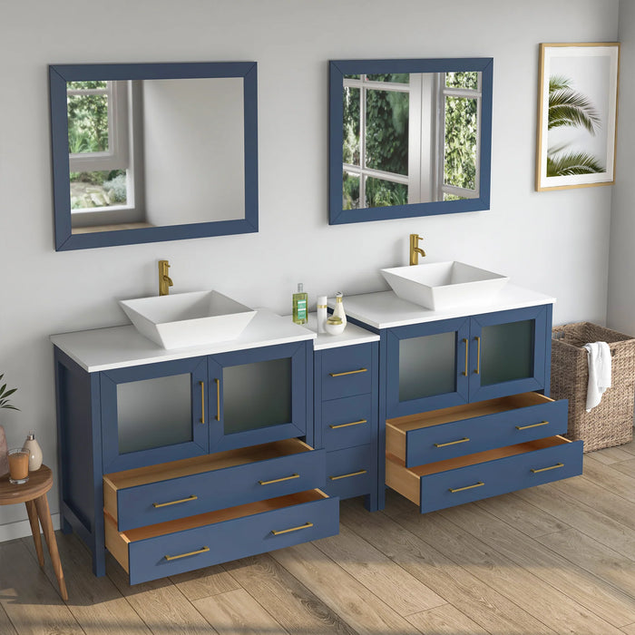 CVC Vintage Green Solid Wood with White Engineered Marble Top and Mirror CVC36 Bathroom Cabinet - 84" x 18.5" x 36"