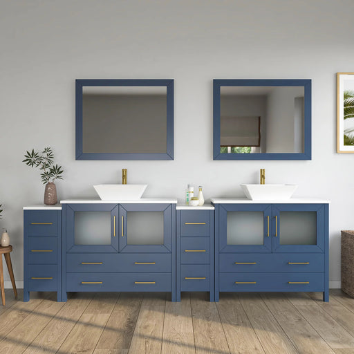CVC Blue Solid Wood with White Engineered Marble Top and Mirror CVC36 Bathroom Cabinet - 96" x 18.5" x 36"
