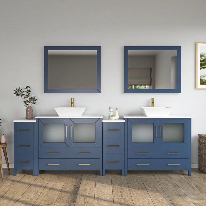 CVC Blue Solid Wood with White Engineered Marble Top and Mirror CVC36 Bathroom Cabinet - 96" x 18.5" x 36"