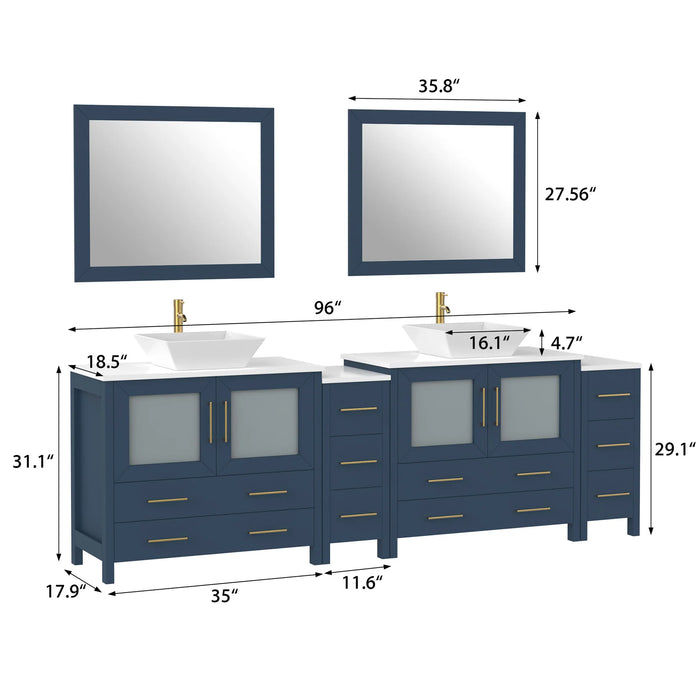 CVC Blue Solid Wood with White Engineered Marble Top and Mirror CVC36 Bathroom Cabinet - 96" x 18.5" x 36"