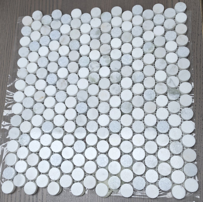 Blue Celeste & Thassos White Blend Marble Mosaic - Penny Round