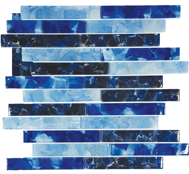 Full Sheet Sample - Aquatica Flower Blues Blend Staggered Glass Mosaic - 1" x 6" x 8 MM Glossy