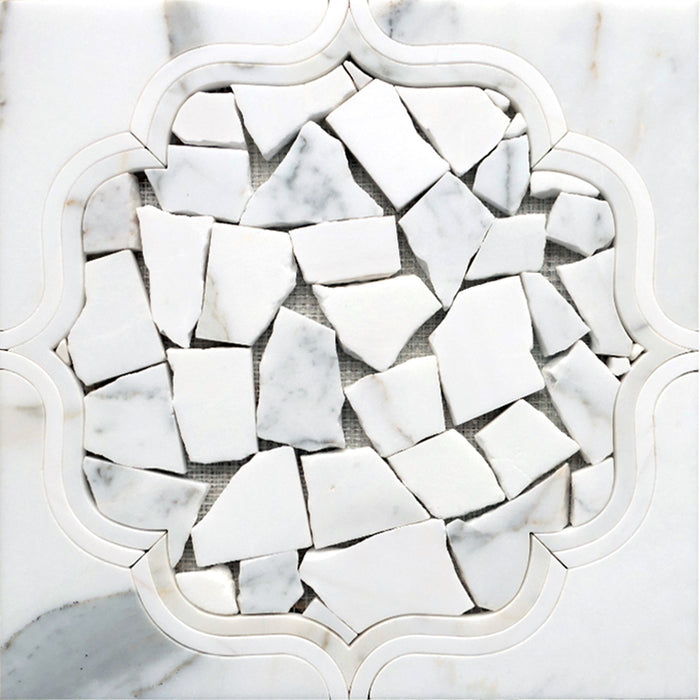 Full Sheet Sample - Skalini Line Waterjet Calacatta Gold / Dolomite Carnaby White Natural Stone Mosaic - 12" x 12" x 3/8" Polished