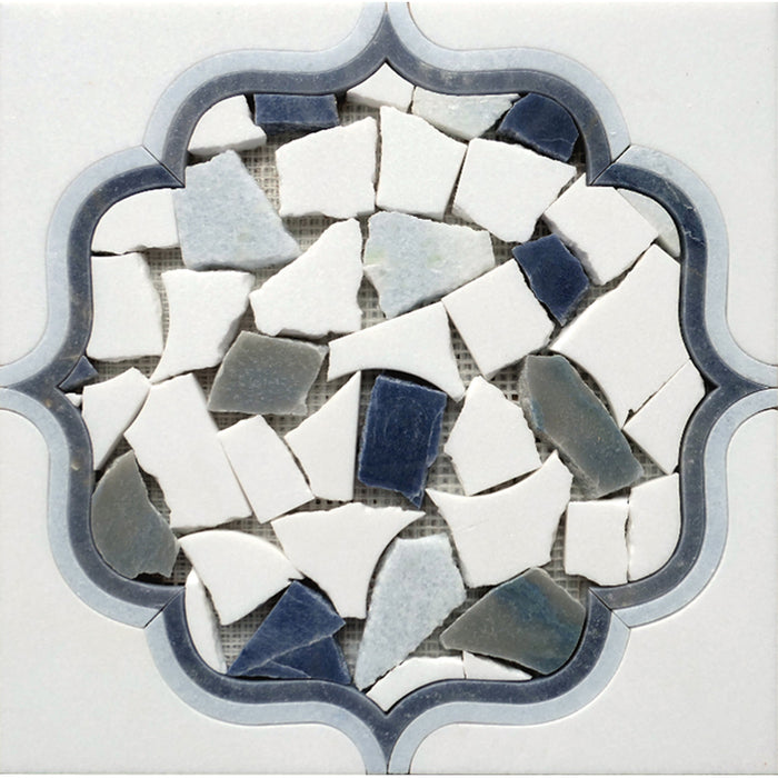 Full Sheet Sample - Skalini Line Waterjet Thassos / Azul Macaubas / Blue Celeste Carnaby Blue Natural Stone Mosaic - 12" x 12" x 3/8" Polished