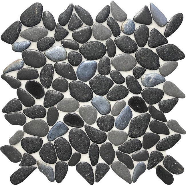 Full Sheet Sample - Aquatica Liquid Rocks Abyss Black Random Pebble Glass Mosaic - 10.50" x 10.50" x 6 MM Textured