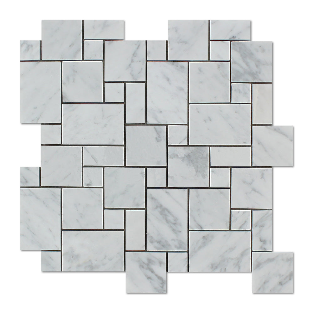 Full Sheet Sample - White Carrara Marble Mosaic - Mini Versailles Pattern Polished