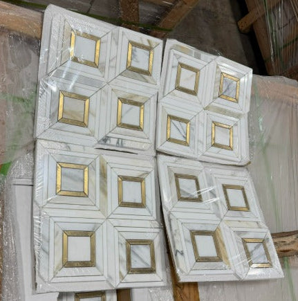 Calacatta Gold with Thassos & Brass Polished Marble Mosaic - Lente 3