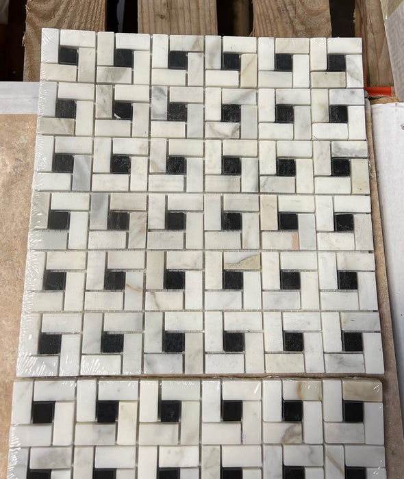 Calacatta Gold Marble Mosaic - Pinwheel with Black Dots Honed