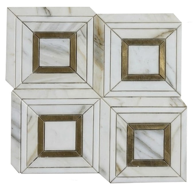 Full Sheet Sample - Calacatta Gold with Thassos & Brass Lente Marble Mosaic - 13" x 13" x 3/8" Polished
