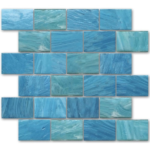 Full Sheet Sample - Aquatica Garden Wall Caspian Staggered Glass Mosaic - 2" x 3" x 6 MM Glossy