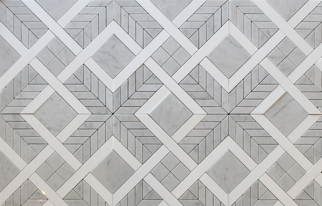 Full Sheet Sample - Carrara & Thassos Chevron Marble Mosaic - 14" x 14" x 3/8" Polished