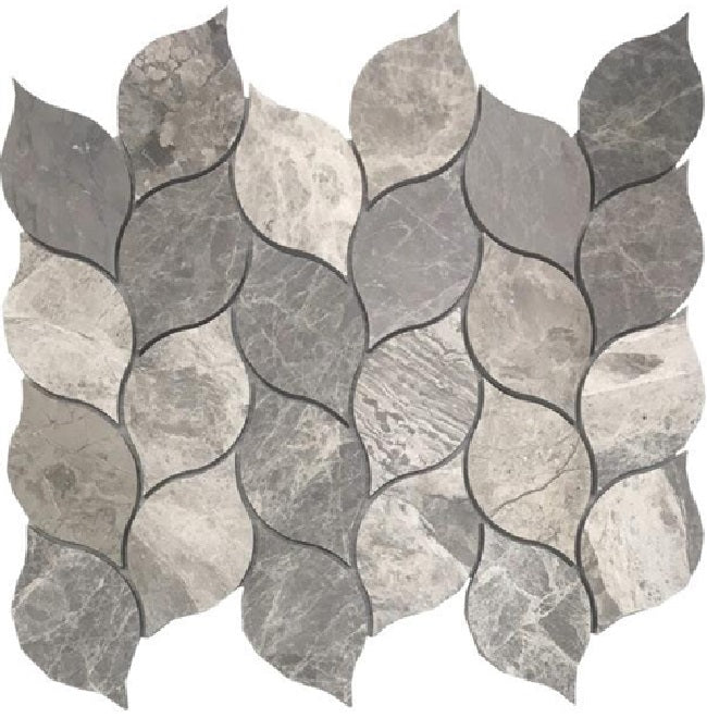 Full Sheet Sample - Hybrid City Gray Waterjet Design Leaf Marble Mosaic - 10.50" x 12" Stone