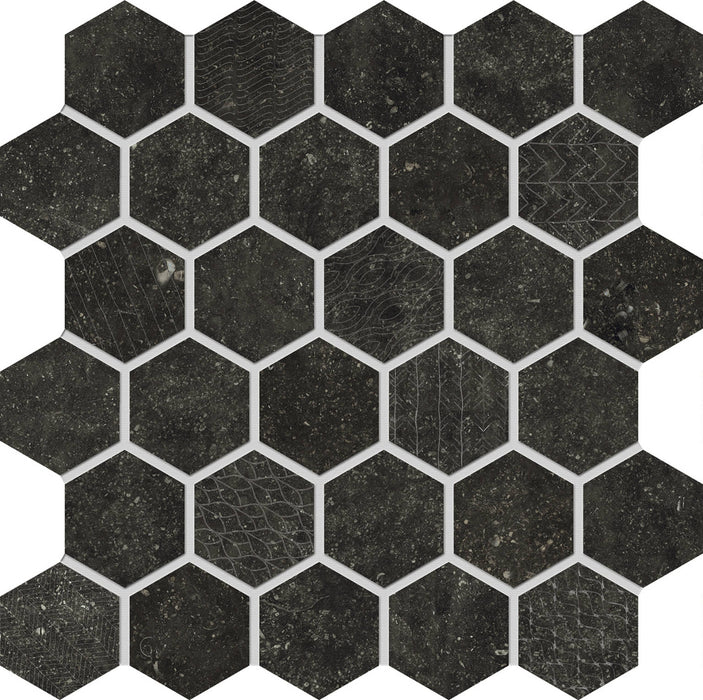 Full Sheet Sample - Concert Black Esagona Texture Porcelain Mosaic - 10" x 10" x 9 MM Matte