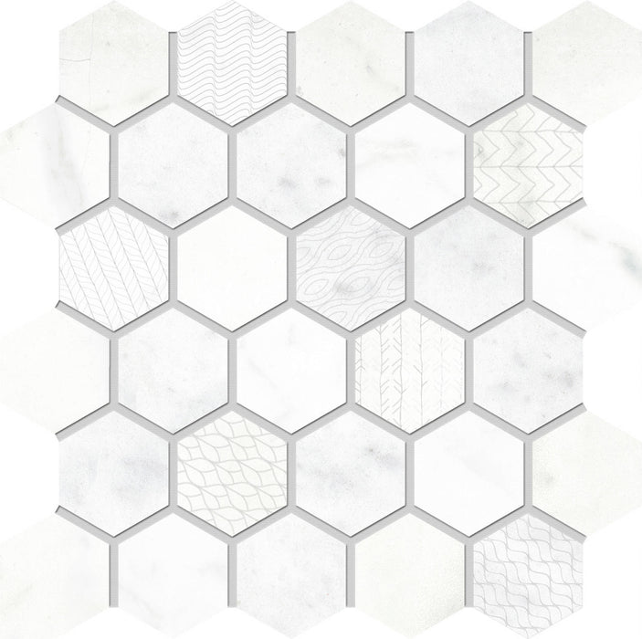 Full Sheet Sample - Concert White Esagona Texture Porcelain Mosaic - 10" x 10" x 9 MM Matte