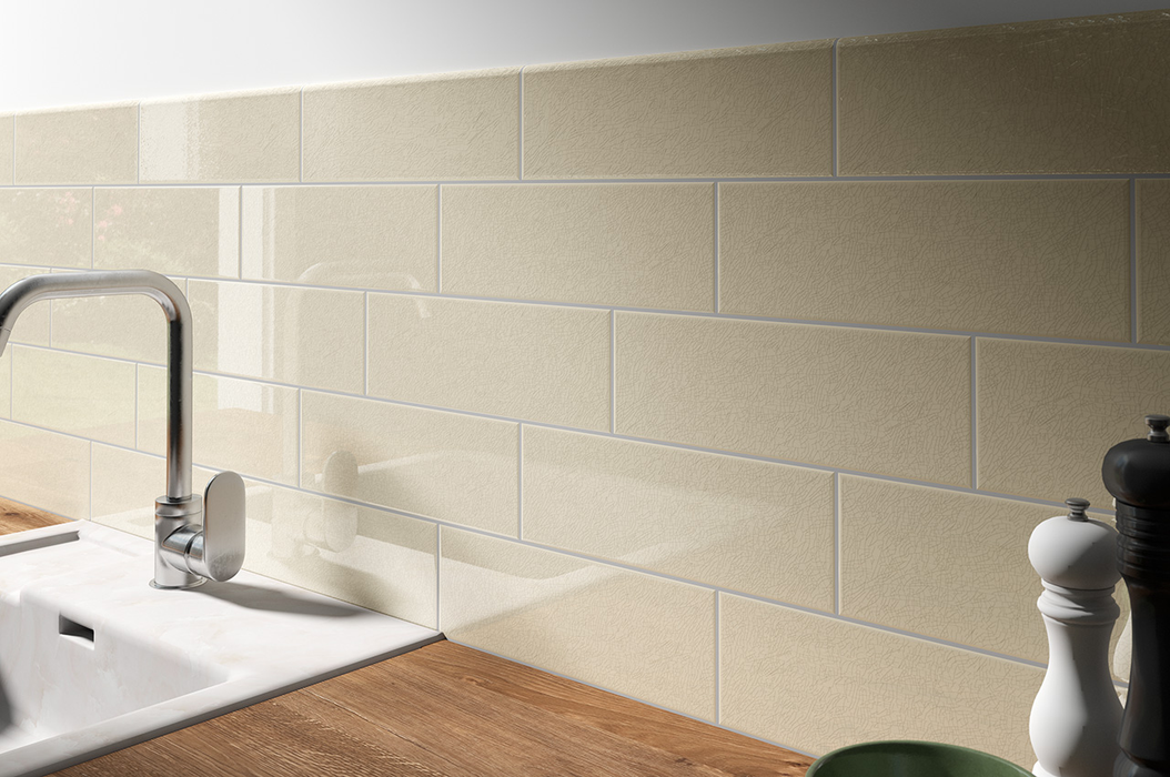 Crackle Beige Glossy Porcelain Tile - 4" x 12"