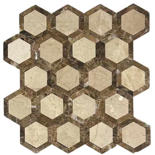 Crema Marfil Marble Mosaic - 2" Vortex Hexagon with Emperador Dark 