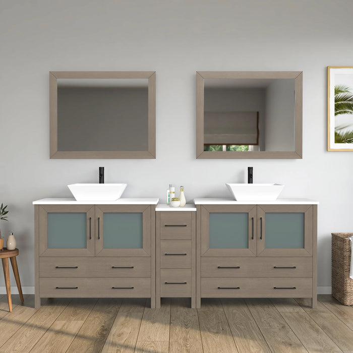CVC Driftwood Gray Solid Wood with White Engineered Marble Top and Mirror CVC36 Bathroom Cabinet - 84" x 18.5" x 36"