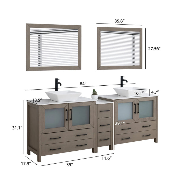 CVC Driftwood Gray Solid Wood with White Engineered Marble Top and Mirror CVC36 Bathroom Cabinet - 84" x 18.5" x 36"