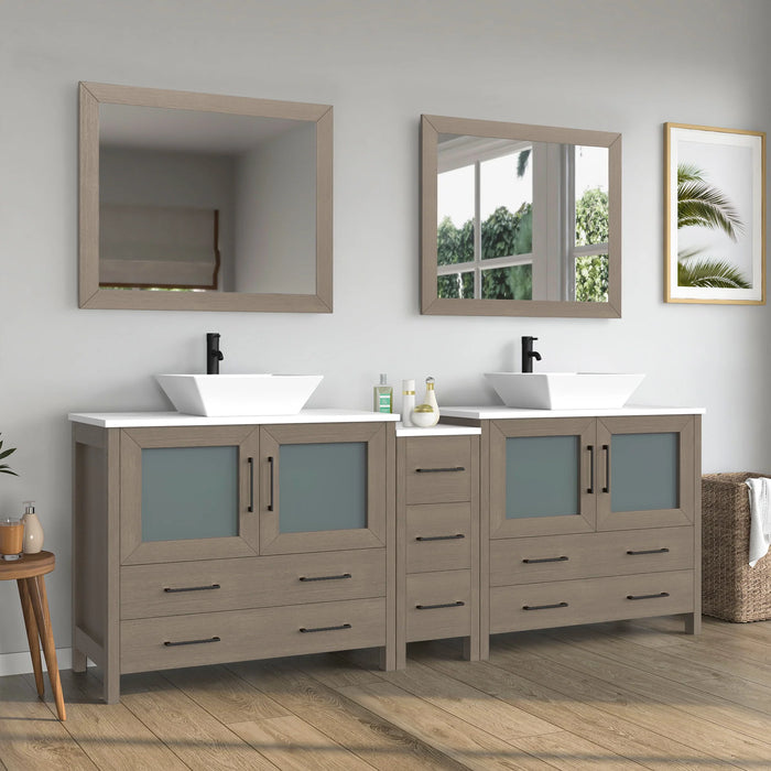 CVC Driftwood Gray Solid Wood with White Engineered Marble Top and Mirror CVC36 Bathroom Cabinet - 84" x 18.5" x 36"