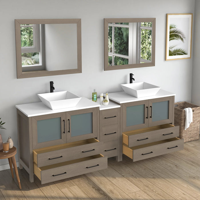 CVC Driftwood Gray Solid Wood with White Engineered Marble Top and Mirror CVC36 Bathroom Cabinet - 84" x 18.5" x 36"