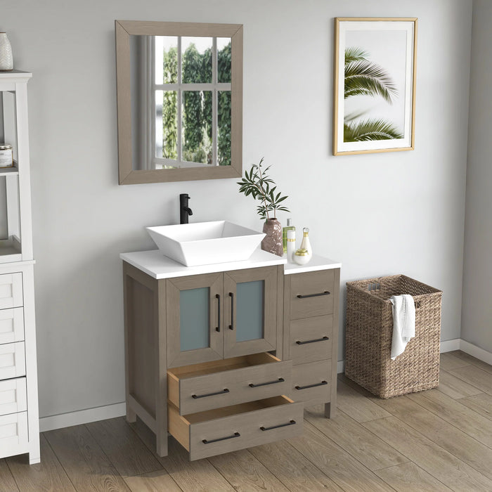 CVC Driftwood Gray Solid Wood with Basin Engineered Marble Top and Mirror CVC24 Bathroom Cabinet - 84" x 18.5" x 36"